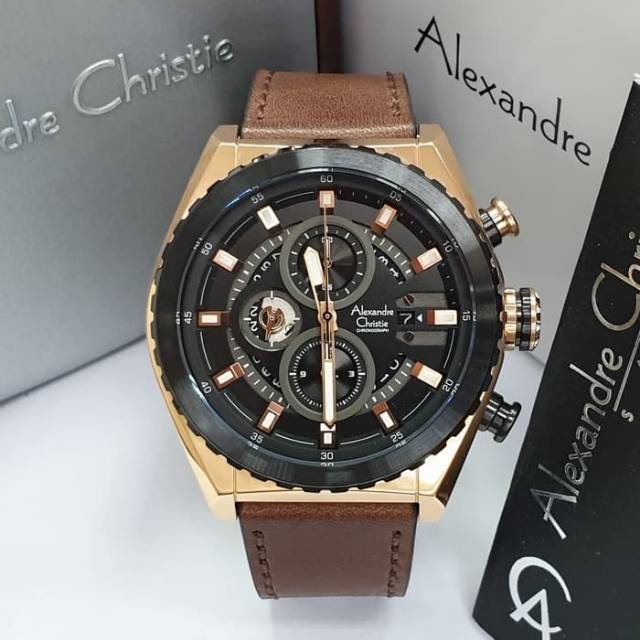JAM TANGAN PRIA ALEXANDRE CHRISTIE COWOK ROSE GOLD BLACK BROWN KULIT ORIGINAL AC 6521 HITAM COKLAT