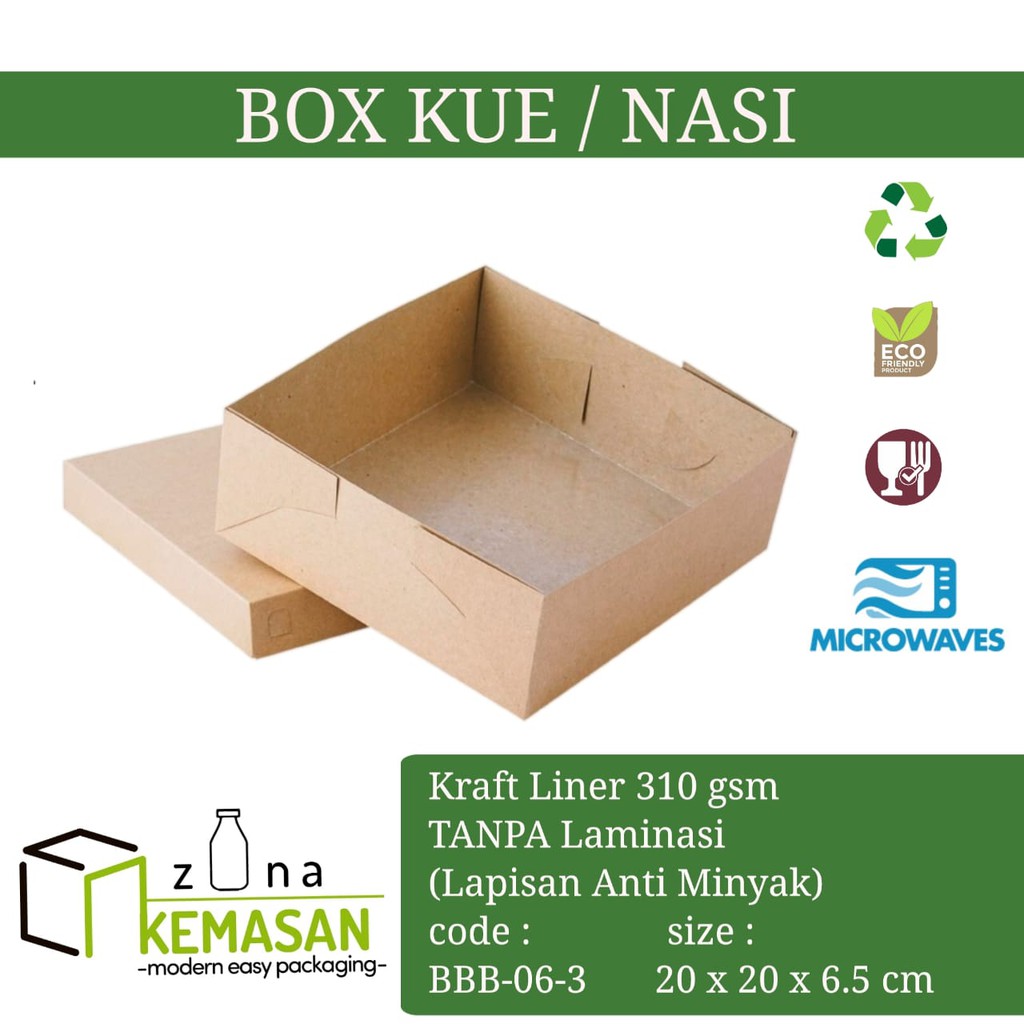 

KEMASAN BOX DUS KARDUS KOTAK MAKANAN NASI ROTI KUE SNACK 20x20x6.5 cm KRAFT 310 gsm