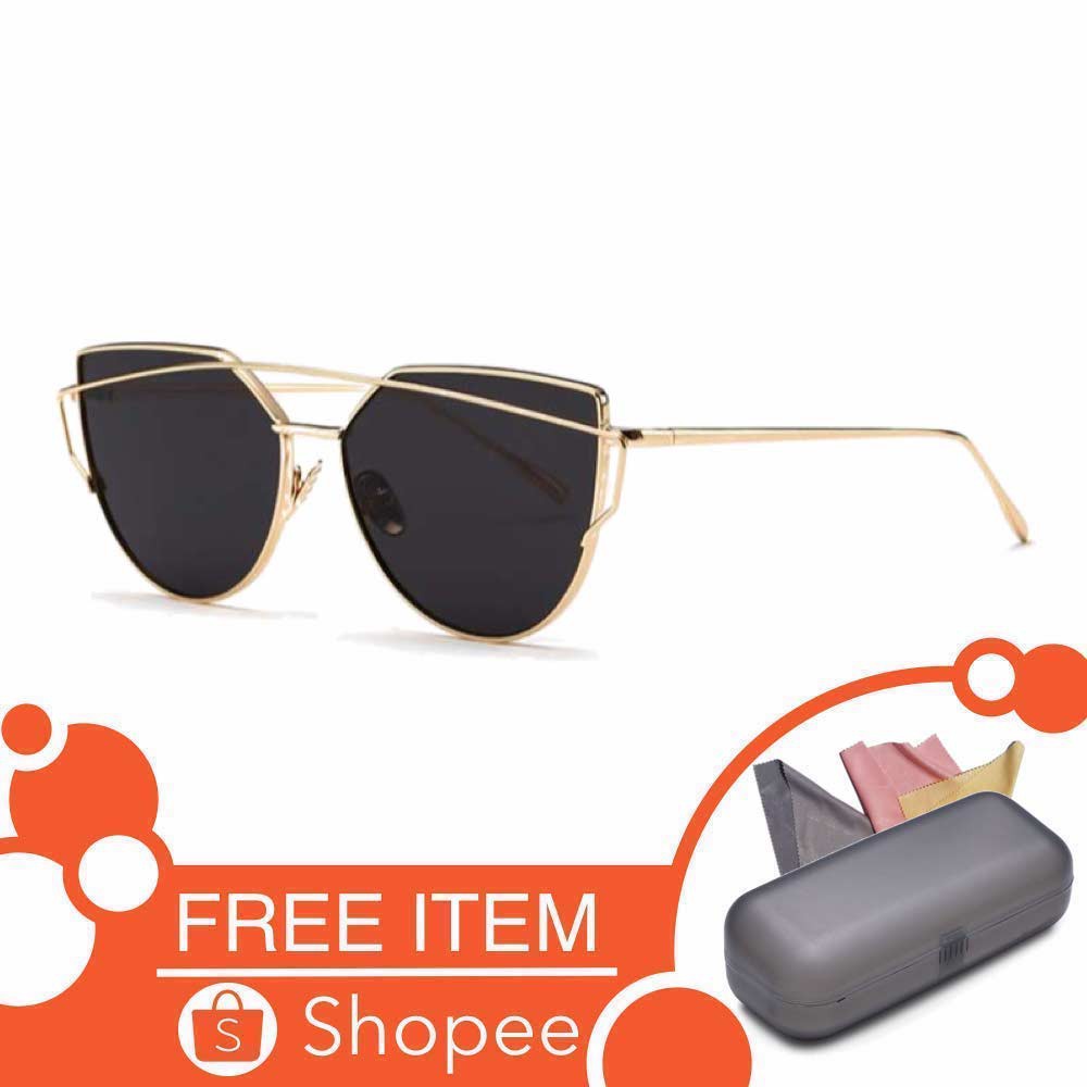 Anti UV Eye Cat Sunglasses [ Hitam Gold ] Pria dan Wanita - Desaign Korea - NY Free Kotak Kacamata