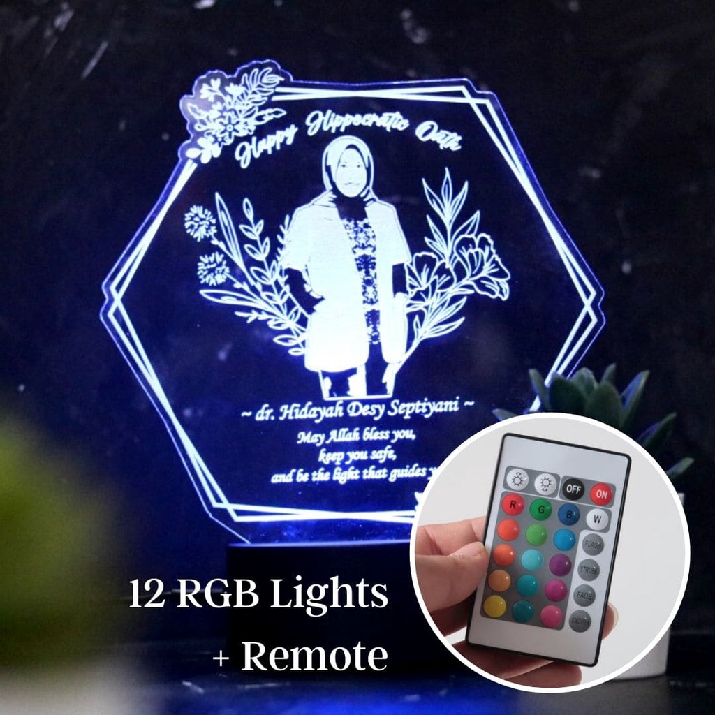 Lampu Tidur LED Akrilik 12 warna RGB + Remote + Battery Custom Foto