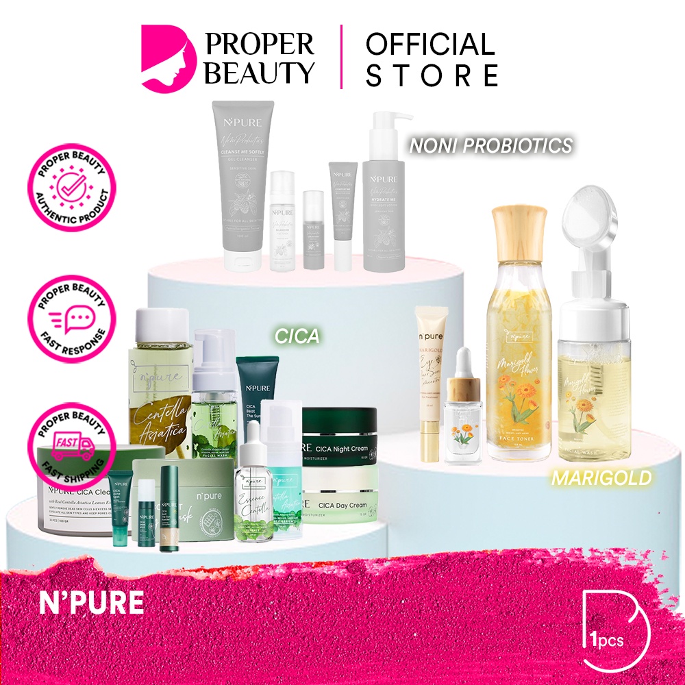 NPURE Indonesia / Facial Wash Cleanser Face Primer Essence Toner Serum Ampoule Day Night Eye Cream Moisturizer Sunscreen Sheet Clay Mask Masker Clear Pad Soothing Body Lotion / Marigold Cica Centella Asiatica Noni Probiotics Acne Spf Foam Paket Lengkap