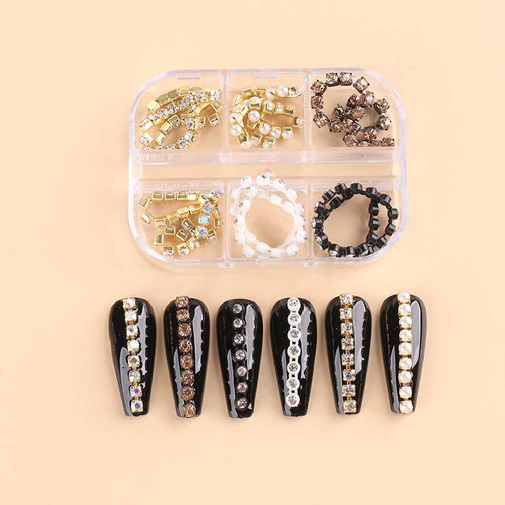 MXBEAUTY Rantai Logam Kuku Rhinestones Pesona 6kisi /set Emas Hiasan Kuku 3D Aksesoris Kuku Manicure Pearl Chain Nail Jewelry