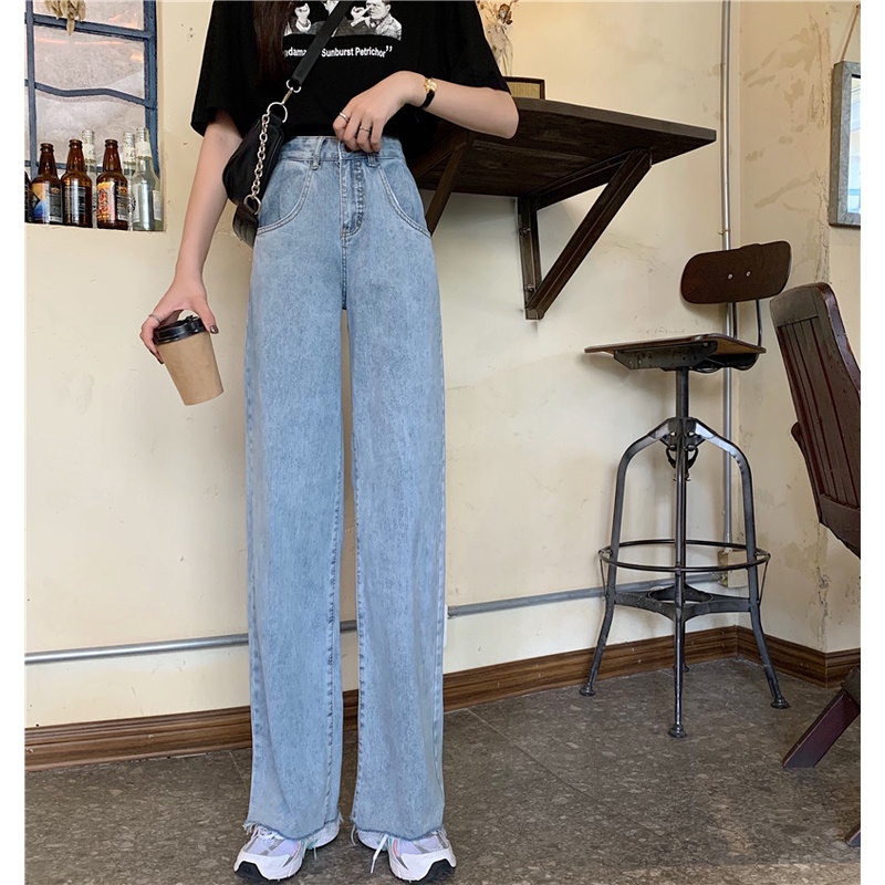 Impor korean new unfinished high waist straight leg jeans celana jeans panjang wanit