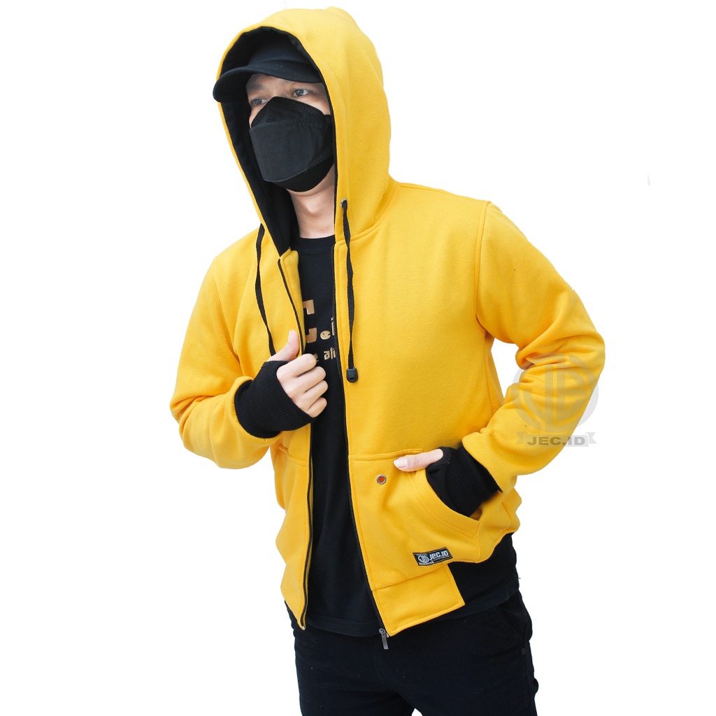 Jaket Hoodie Sweater Roundhand Polos Kuning Premium Rib Jempol Multifungsi