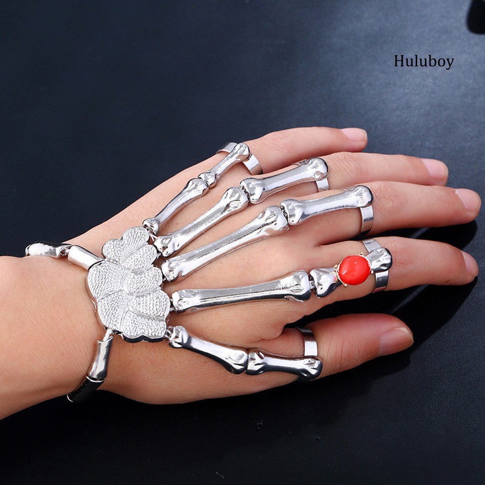 HLB◕Punk Faux Ruby Skeleton Skull Bone Hand Fingers Rings Bracelet Party Bangle