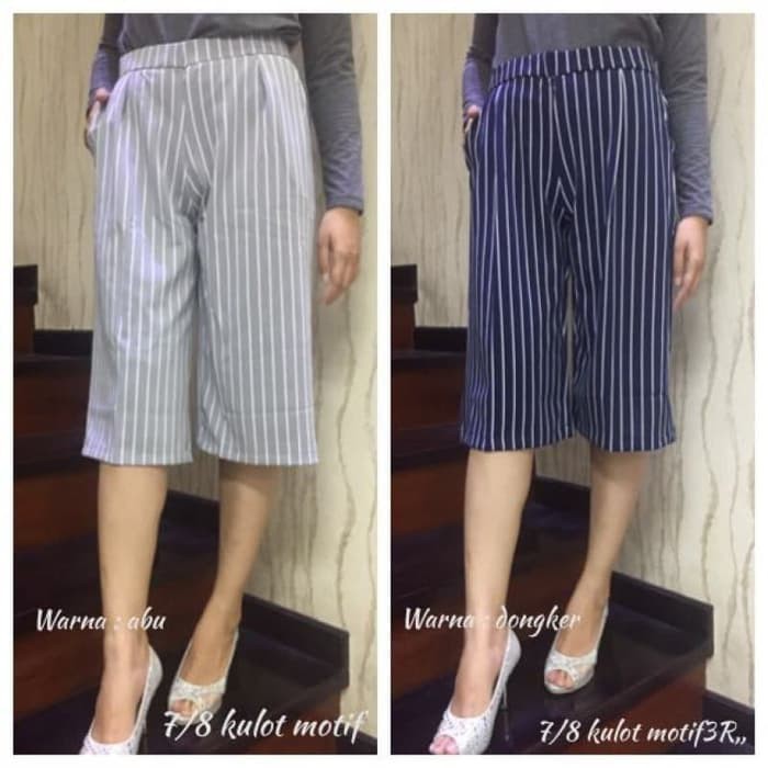 (COD) Celana Kulot Pendek Salur Stripe - Kulot 3/4 7/8 Motif Salur Bahan Crepe Wafel Wanita Murah