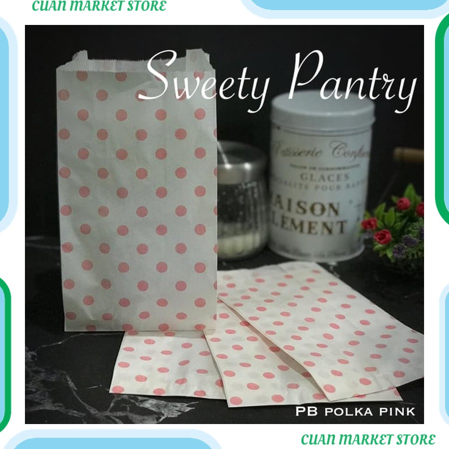 

paper bag / kantong kertas roti kue motif Polka Pink - 100 pcs Kualitas Premium