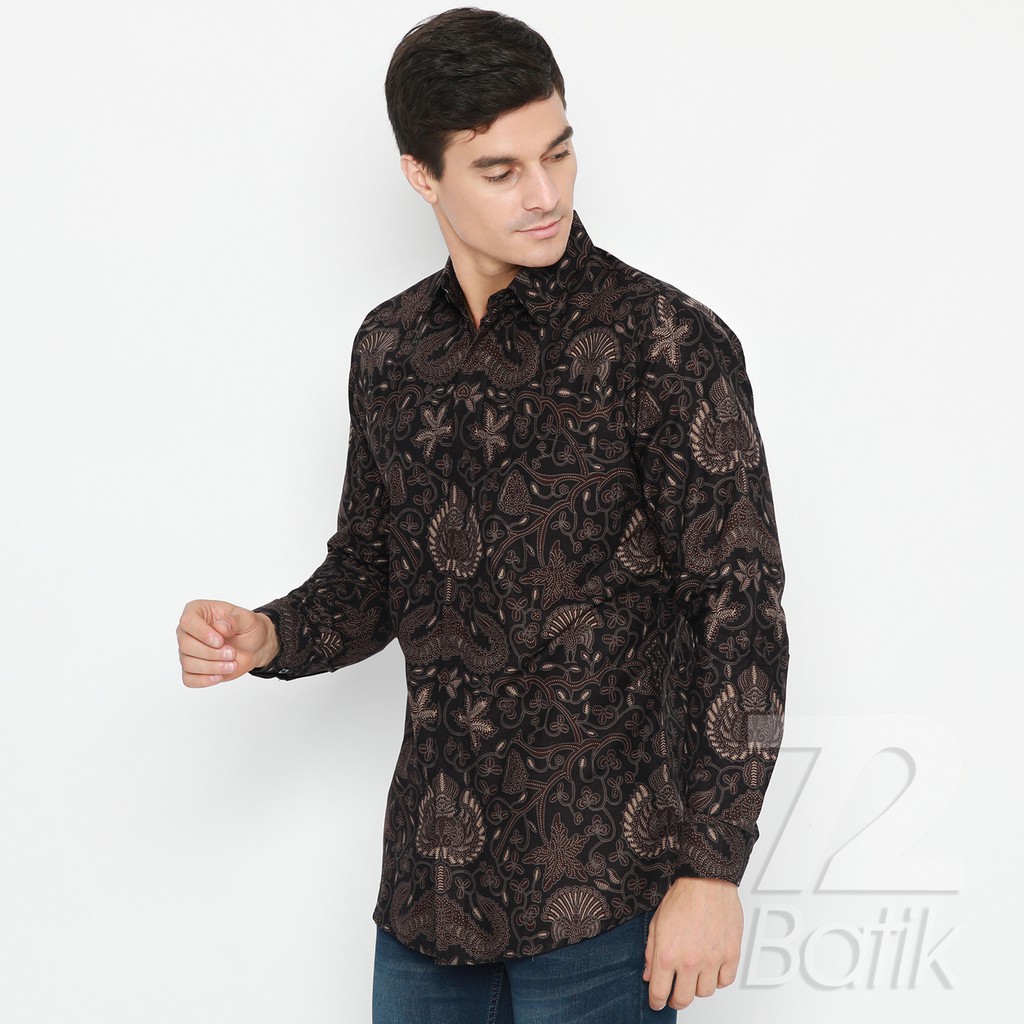 BATIK PRIA LENGAN PANJANG Kemeja Hem Premium Warna Hitam Coklat 722140 Cap 72 - Baju Kemeja Atasan Pakaian Setelan Batik Pria Cowok Laki Laki Remaja Keluarga Kantor Lengan Panjang Modern Slimfit Slim Fit Premium Kekinian