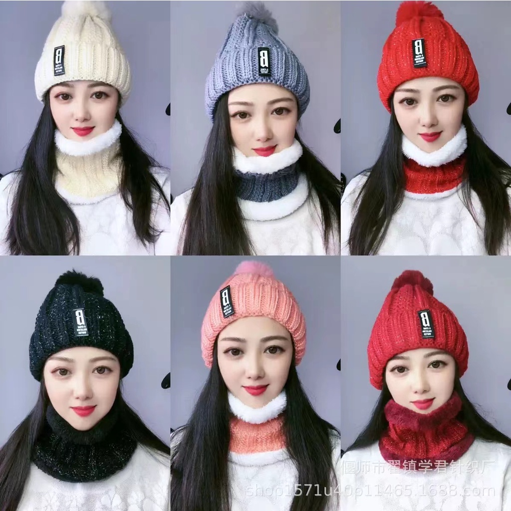 Winter Knitted Beanie Pompom Scarf Set Woman  / Topi Kupluk + Syal Rajut Wanita / anak2