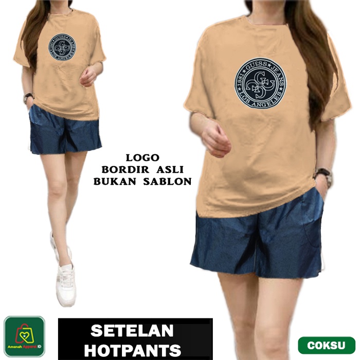 Setelan Hotpants LEV1S Bordir Kaos Santai Hot Pants Wanita Bahan Babyterry Premium Size XL / 19749