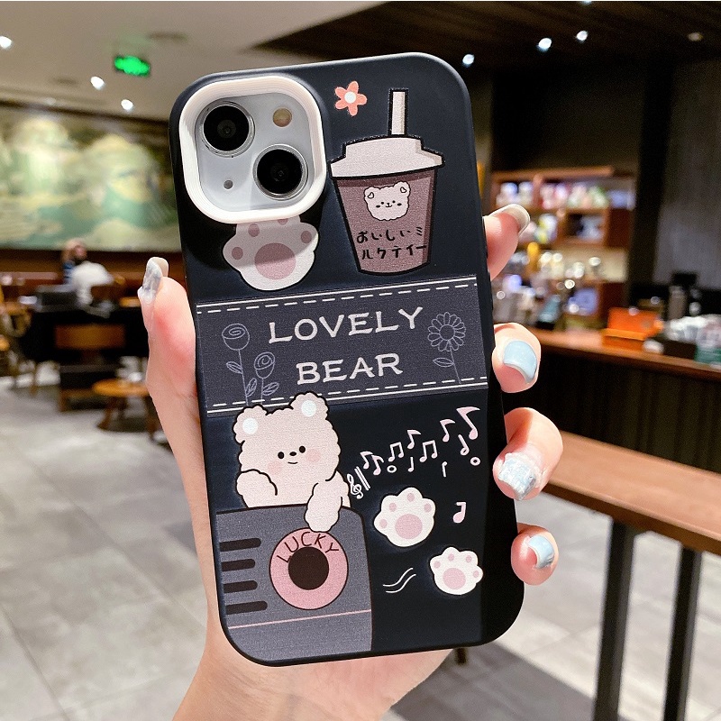 3 in 1 Casing Silikon Motif Milk Tea Bear Untuk iPhone 11 12 13 Pro MAX X XR XS MAX 7 8 Plus