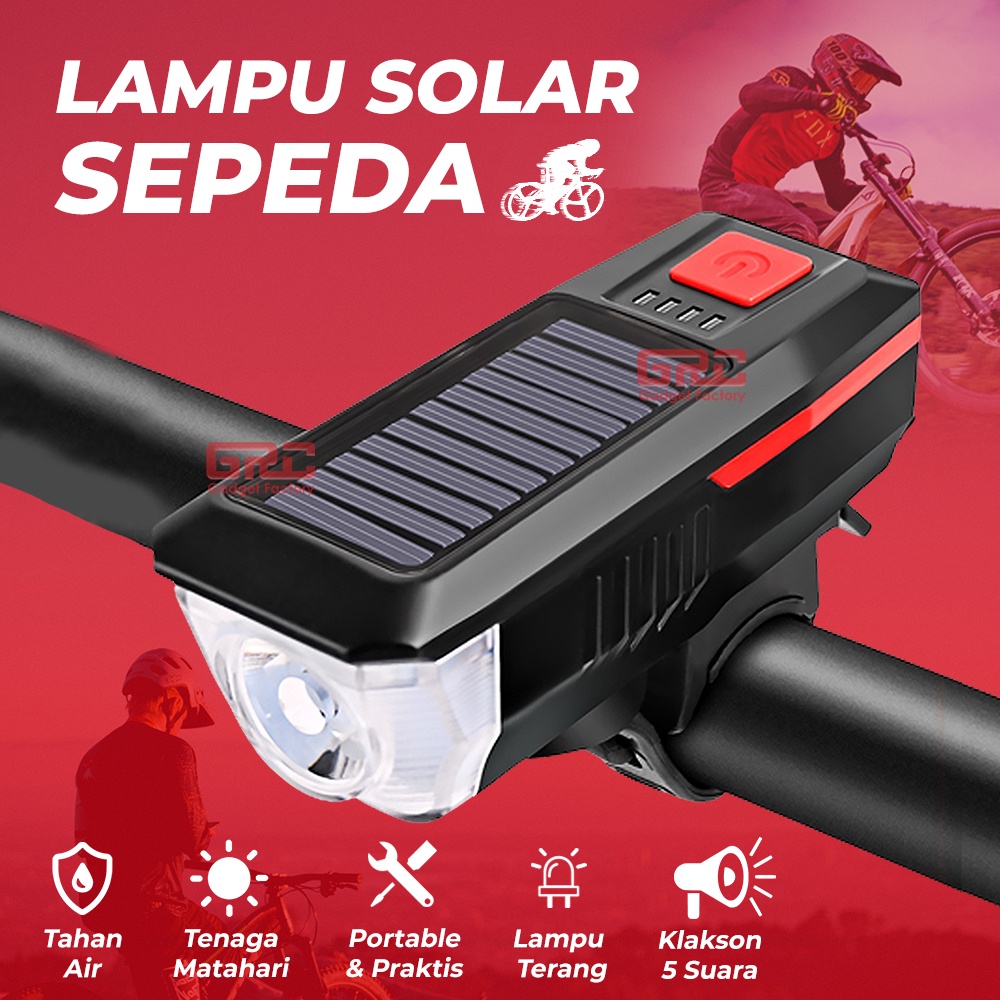 Lampu Klakson Bel Sepeda Depan Belakang USB Solar Panel Tenaga Surya