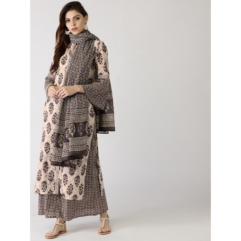 Kurti Libas Warna Off-White &amp; Brown Set dengan Celana Palazzos &amp; Selendang Dupatta / Baju Kurti India / Baju Anarkali India / Baju Lebaran Wanita / Baju Muslimah
