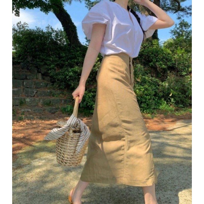 ROK SPAN LINEN BAWAHAN PANJANG WANITA KOREA STYLE KERJA KANTOR KASUAL CASUAL ROK SPAN BELAH TENGAH SKIRT WANITA KANCING TENGAH DEPAN-2