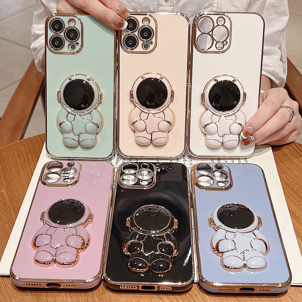 Case Stand Holder Braket Pelindung Electroplating Model Lipat Desain Astronot Untuk iPhone 13 12 11 Pro Max X XR XS Max 7 8 Plus SE 13 12 Mini