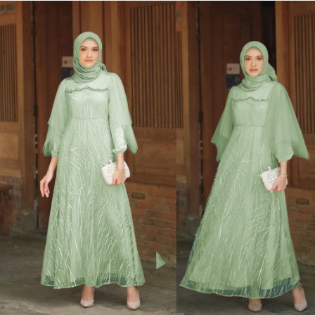 Almaer Baju Gamis Brukat Tile Remaja Dewasa Seragam Pesta Wanita Muslim - Sage Green Hijau Sage