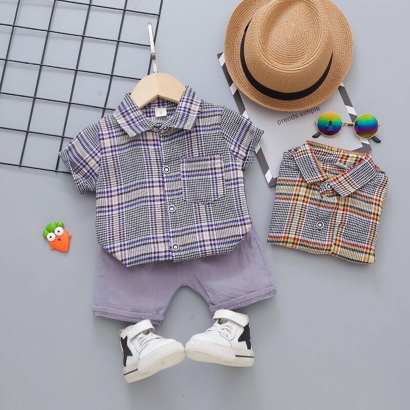 Setelan Kemeja Anak Laki-Laki Motif Tartan Purple (B-SET-KTPB)