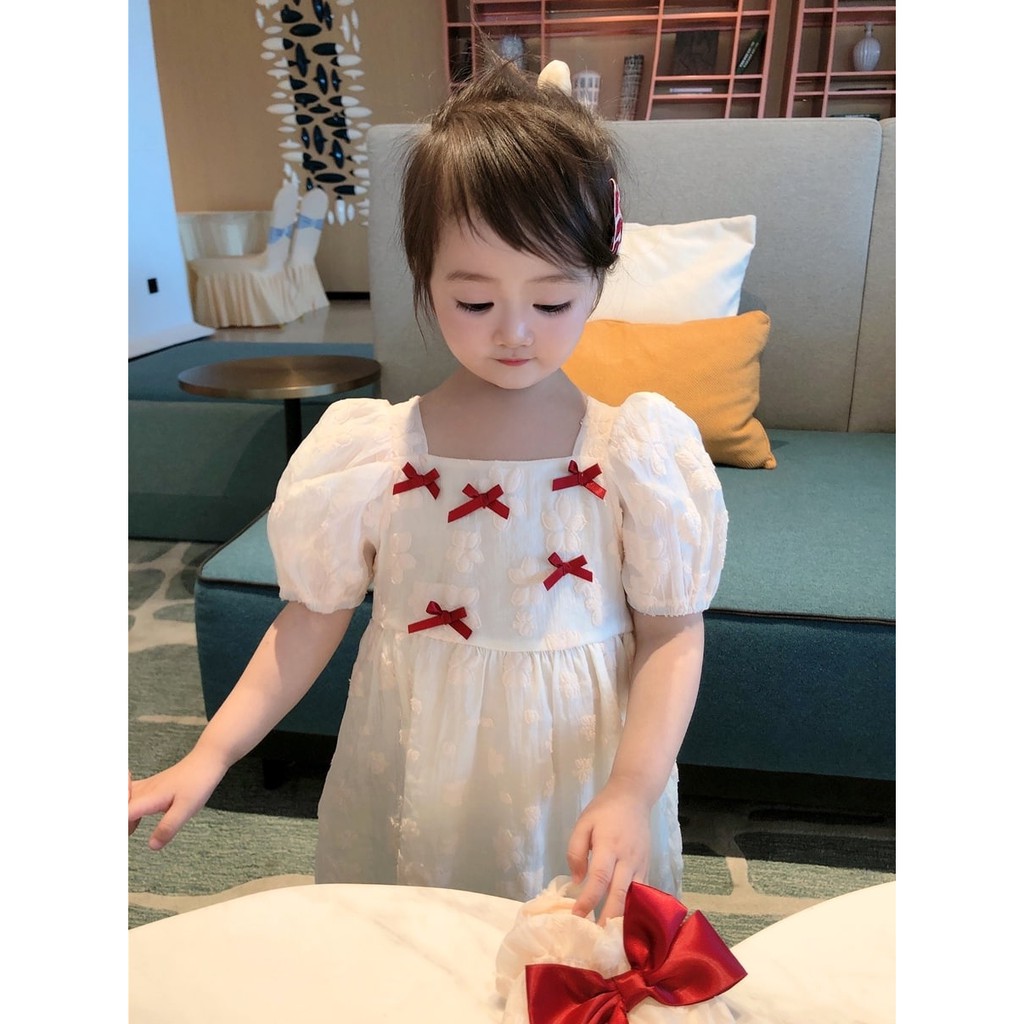 Promo !! Dress anak cewek - Dress white five ribbon accent import uk 1-3thn uk 5,7,9,11,13 (pink,cream,putih)