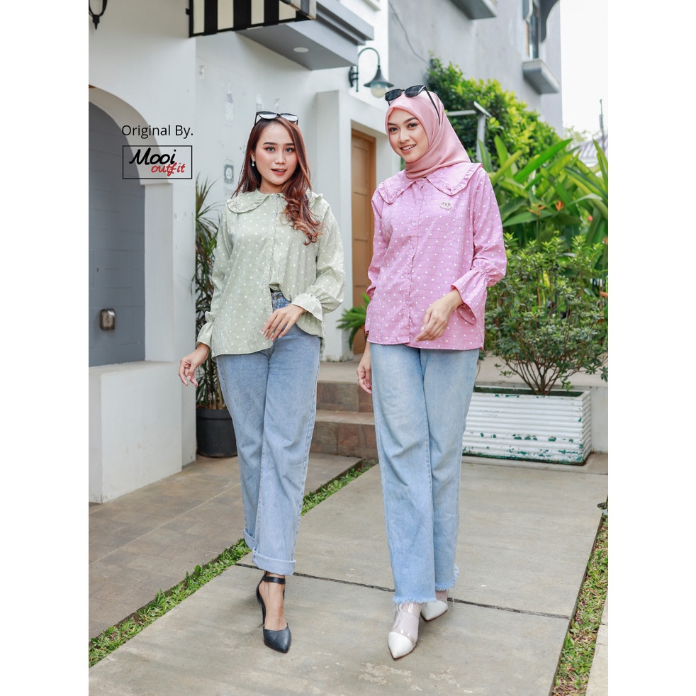 Kemeja Wanita Jumbo Ld 130 Crinkle Motif Polkadot Lengan Panjang