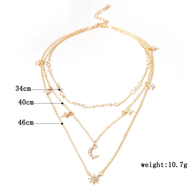 Set Kalung Multilayer Dengan Liontin Bulan Bintang Aksen Berlian Untuk Wanita