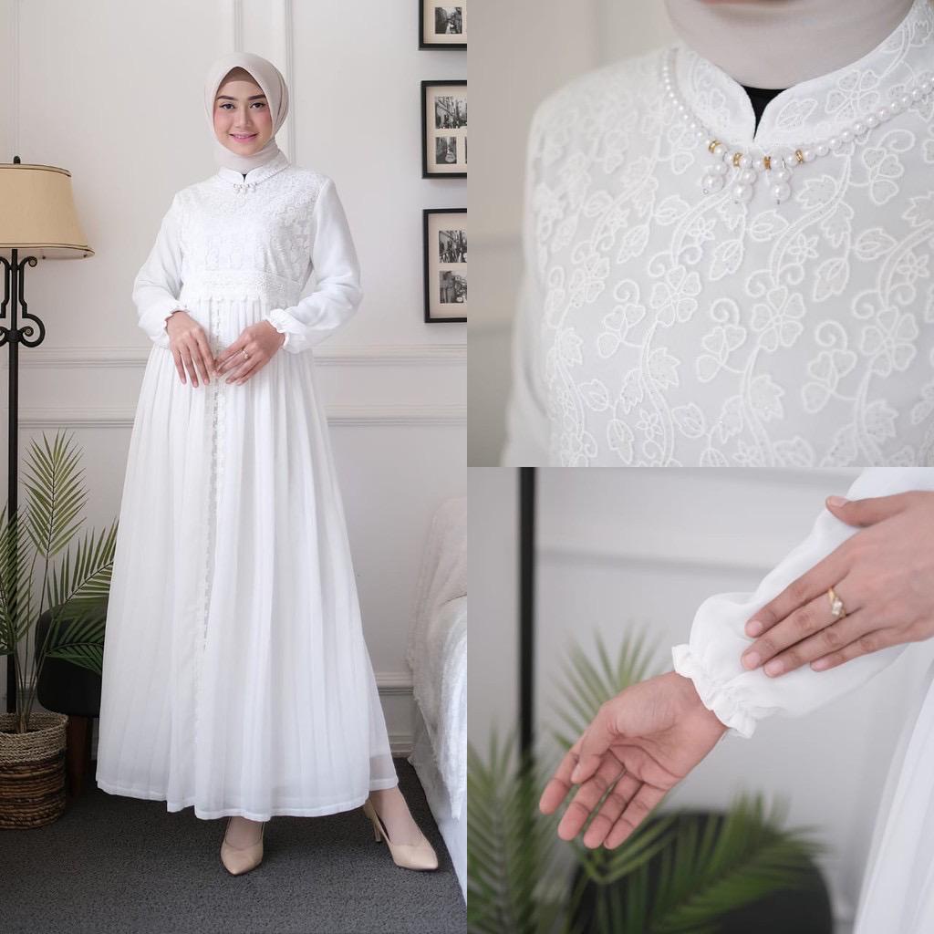 Gamis Terbaru B&D FASHION YUNI MAXI BROKAT PUTIH 2022 BRUKAT PUTIH MEWAH ELEGAN BUAT PESTA Baju Gami