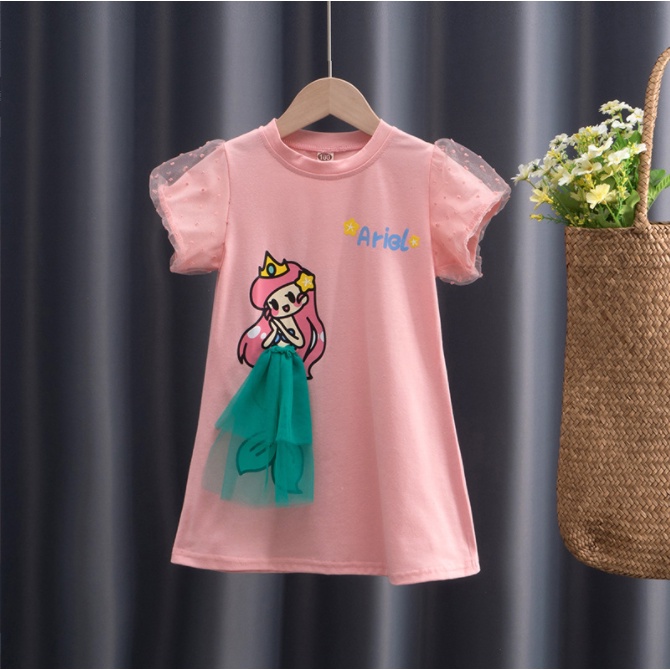 Dress Puff Sleeves anak perempuan Princess Elsa Snow White Mermaid Aurora Model T-shirt/ Dress Kasual