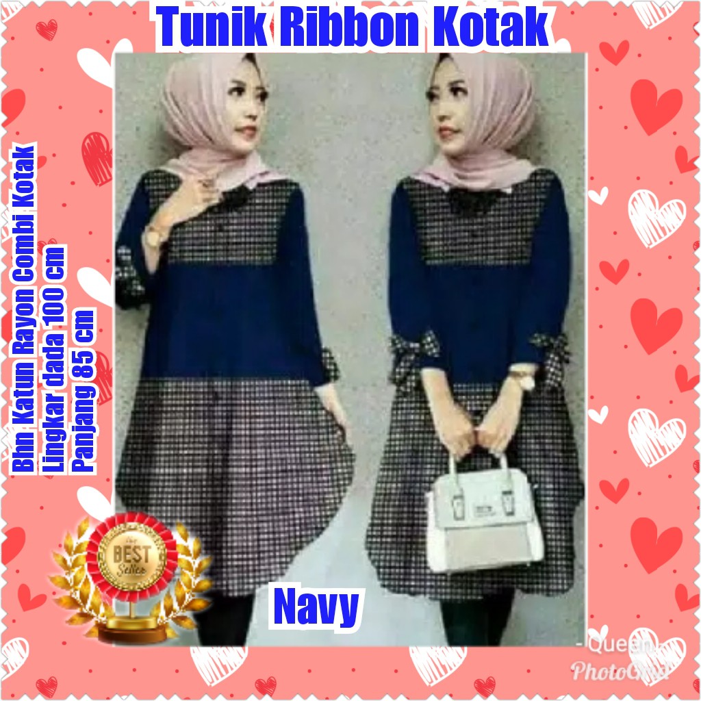 TERMURAH TUNIK RIBBON KOTAK BIRU/CREAM/NAVY/MAROON/KONDANGAN/PESTA/TERMURAH