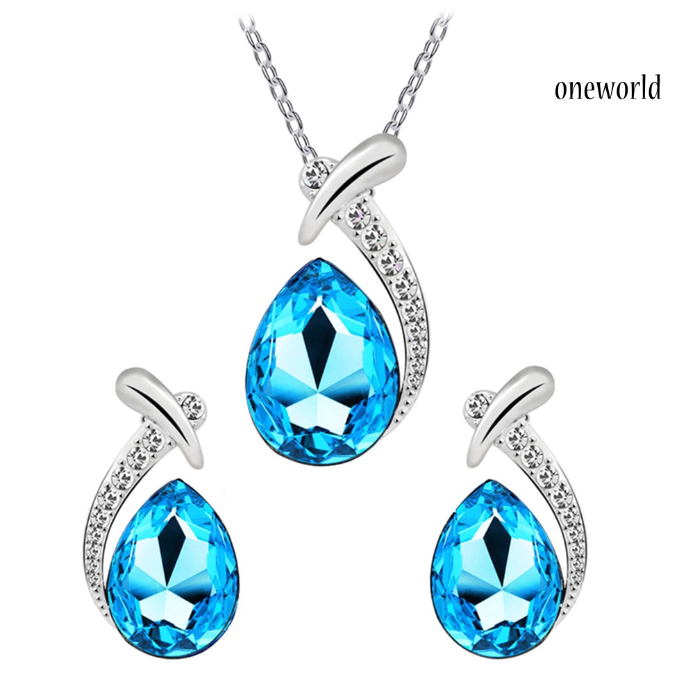 OW@ Lady Faux Crystal Water Drop Pendant Chain Necklace Earrings Wedding Jewelry Set