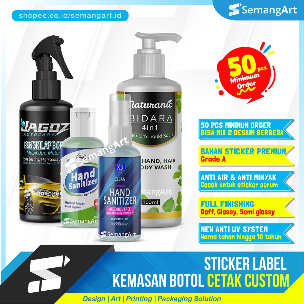 

Sticker Label Kemasan Botol Spray / Fliptop / Pump Anti Air & UV Cetak Custom