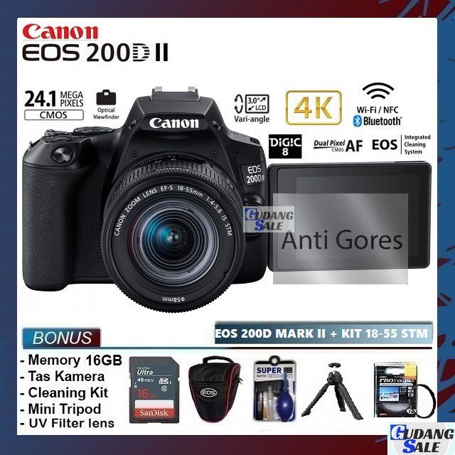 [NEW] KAMERA EOS CANON 200D Mark II + LENSA KIT 18-55mm IS STM WIFI - GARANSI 1 TAHUN - M50 250D