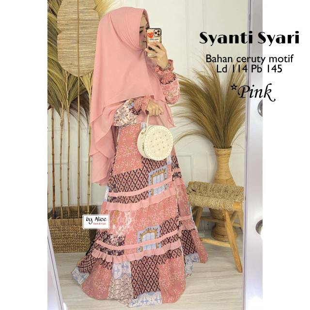 Syanti Syari Original Alice Gamis + Khimar Syari Longdress Maxi Material Ceruty Motif Premium