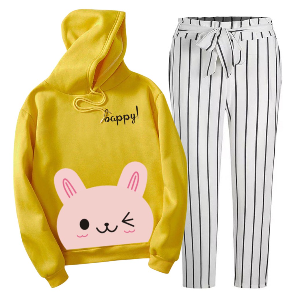 BESS - Setelan Hoodie Wanita Murah / Setelan Hoodie + Celana Salur Putih - HAPPY CAT