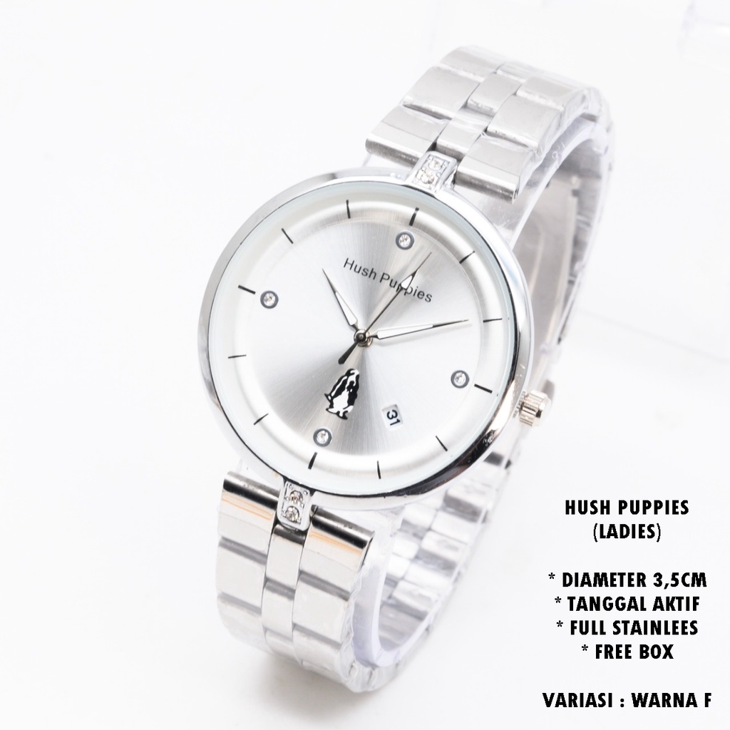 (BISA COD) JAM TANGAN WANITA HUSH PUPPIES H-059 RANTAI BODY BULAT TANGGAL AKTIF