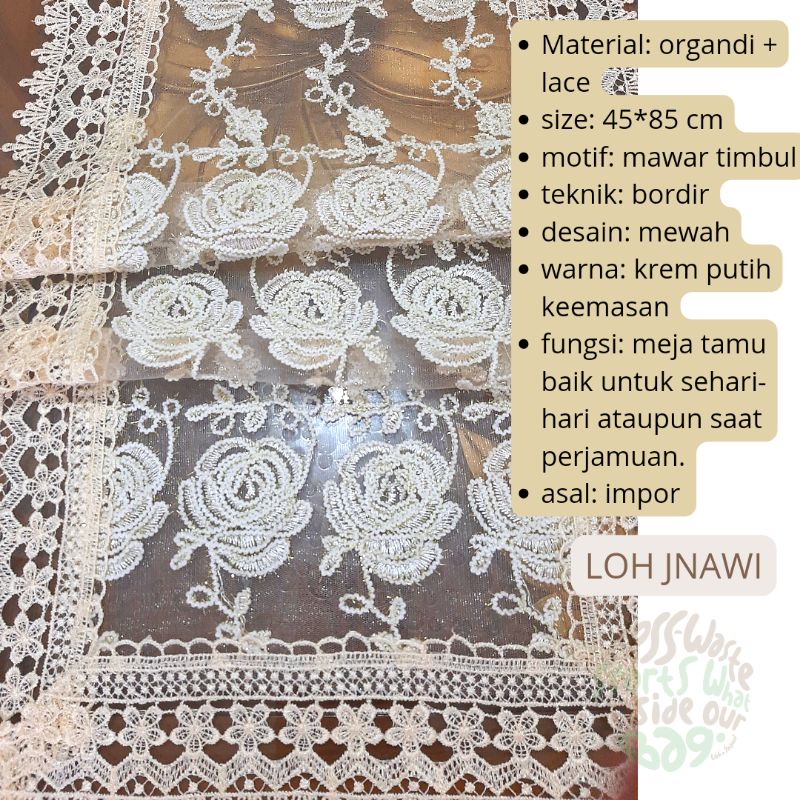 Taplak Meja Tamu Bordir Transparan Organdi 40x100 cm Mewah Premium Impor