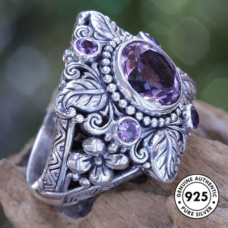 Cincin Sterling Silver 925 Gaya Vintage Mewah Dengan Batu Amethyst Untuk Wanita