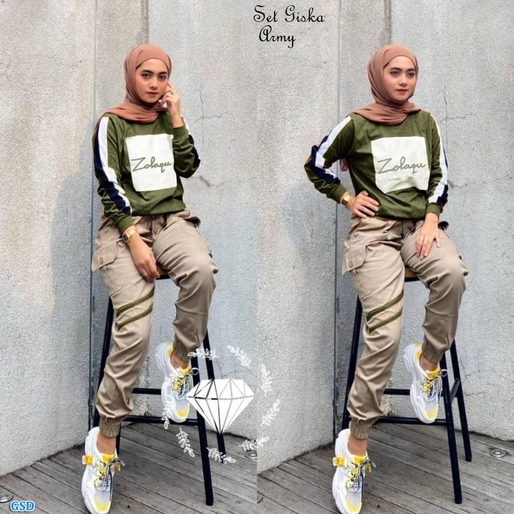 Set Giska/Setelan Training Muslimah Wanita/ Baju Senam Wanita/Setelan Training Kekinian