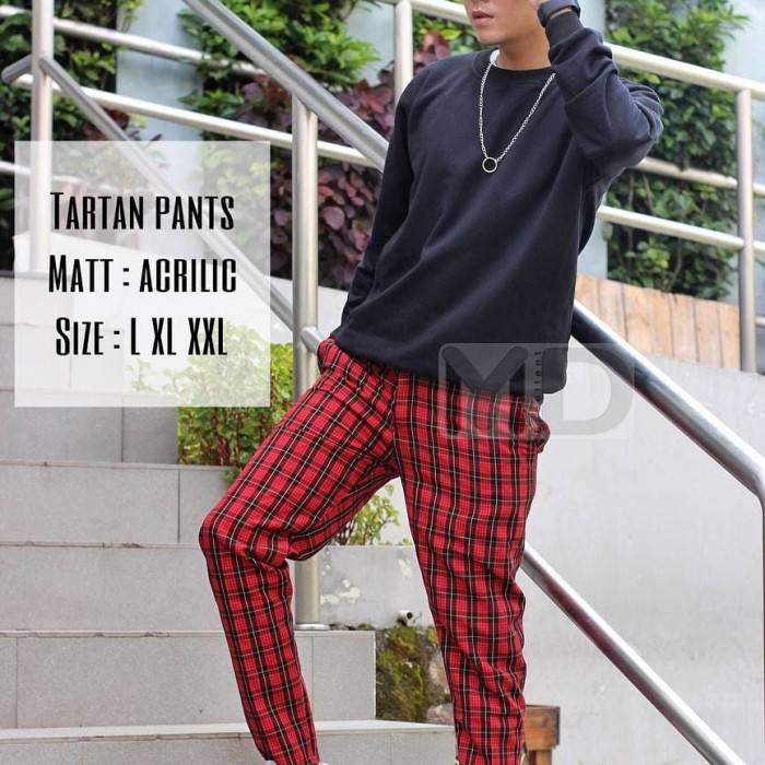 Celana Tartan pria Merah Kotak kotak slimfit - L