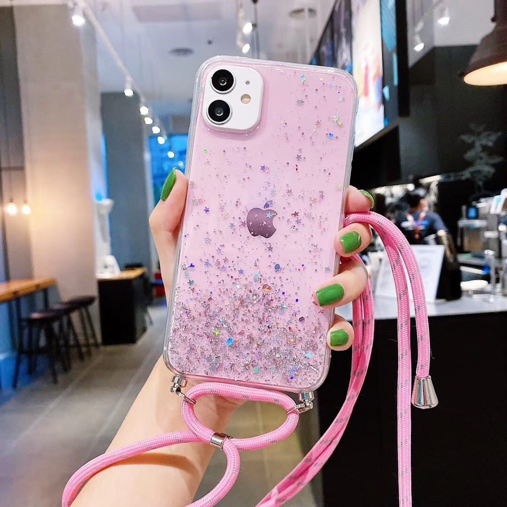 Casing Softcase Vivo Y91 Y95 Y19 Y20 V17 V19 DLL Transparan Aksen Glitter Dengan Tali Lanyard