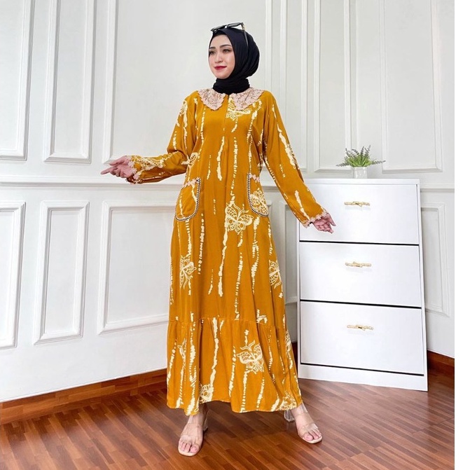Daster Arab Kupu Rintik Longdress Wanita Dewasa Kekinian Terbaru 2021 2022 Bahan Rayon Lengan Panjang Ld 100 110 Model Arabian Renda Busui Resleting Motif Kupu Rintik Size L XL Murah Harga Grosir-Kuning Kunyit