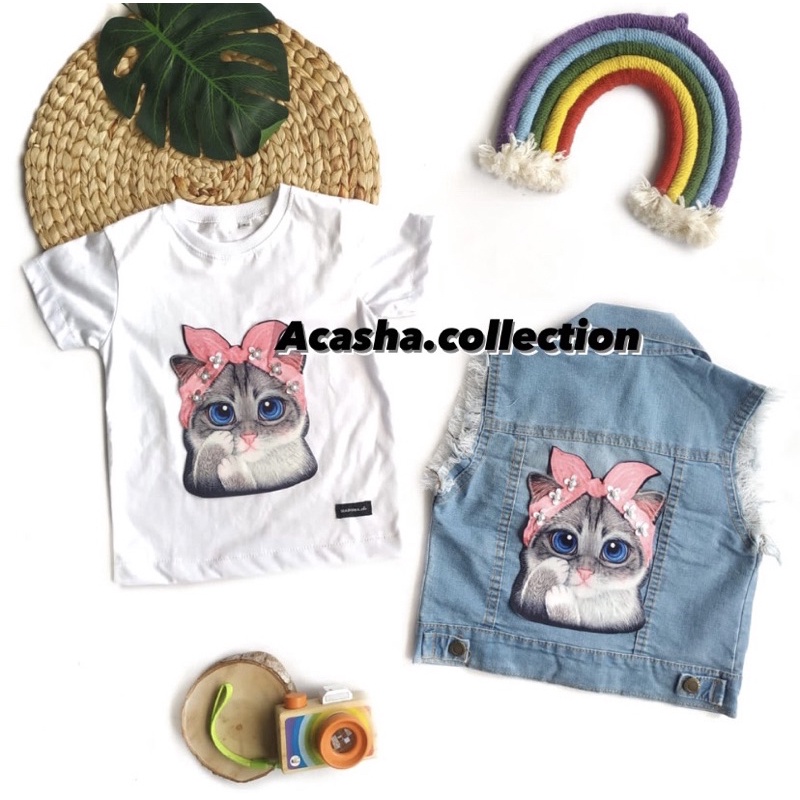 SETELAN VEST ROMPI JEANS ANAK DAN KAOS ANAK MOTIF KUCING / KAOS ANAK / VEST JEANS