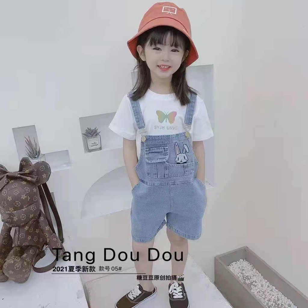 Setelan Overall Jeans Anak Perempuan Kaos Lengan Pendek Import Jumpsuits Jeans Anak Perempuan