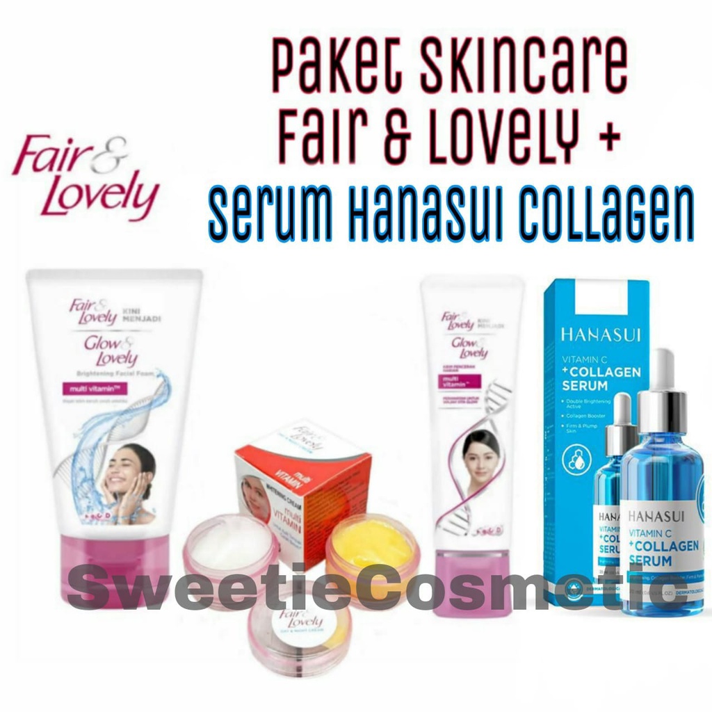 Paket Lengkap Fair &amp; Lovely - Facial Foam + Cream Day &amp; Night + Pelembab Plus Serum Hanasui / PAKET 5 IN 1 FAIR&amp;LOVELY + SERUM HANASUI