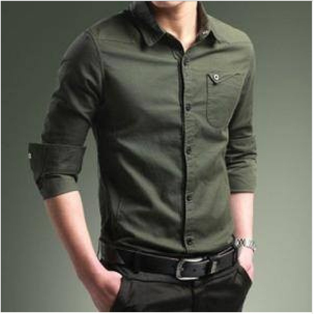 Miller Kemeja Pria Polos Panjang Slim Fit Hijau Army Miller Kemeja Pria Polos Panjang Slim Fit Hijau Army