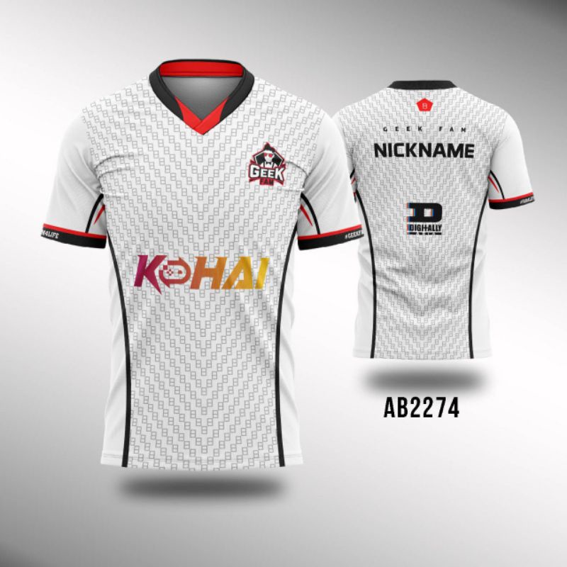 Kaos Jersey game Esport GEEK FAM 2022 putih v neck custom free nickname XS-XL
