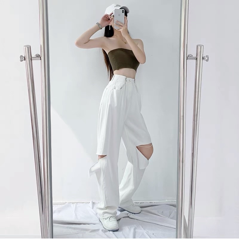 RIPPED JEANS IMPORT HIGHWAIST CELANA PANTS WHITE DENIM HW WANITA CEWEK BAGGY SOBEK MX843