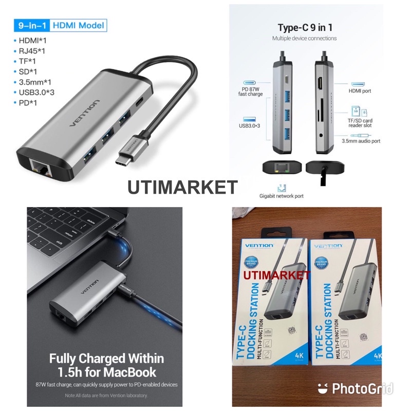 Usb type c to hdmi usb lan rj45 usb 3.0 vention 9 in 1- vention THAHB