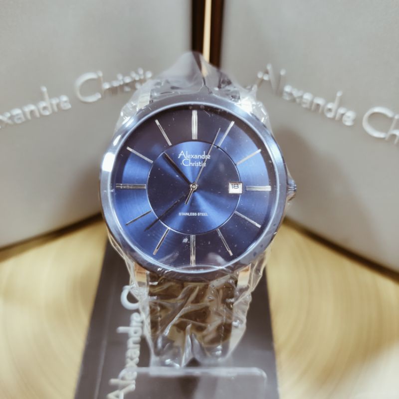 Jam Alexandre Christie AC 8344 MD LTU Biru Silver Pria Kulit Hitam Bulat