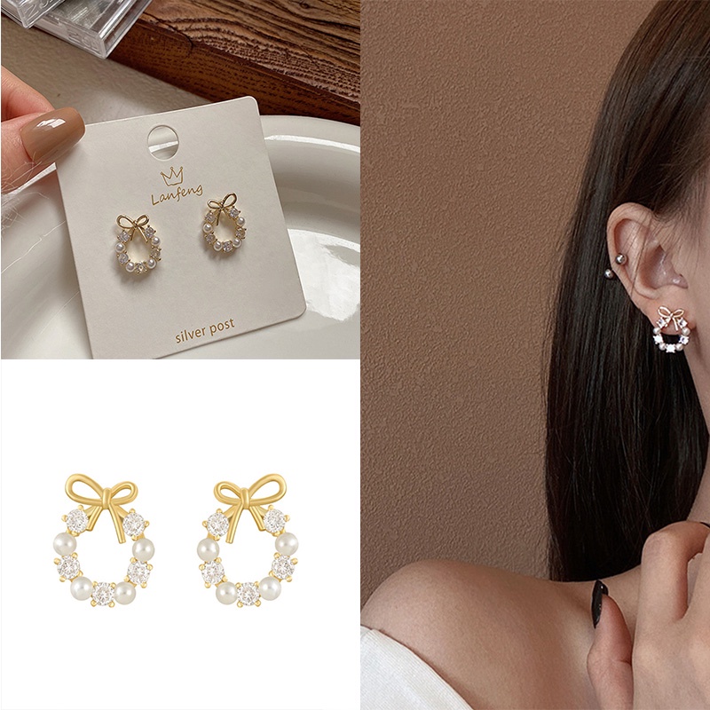 1 Pair Premium Tembaga dan Zircon Bow Pearl Stud Earrings untuk Wanita