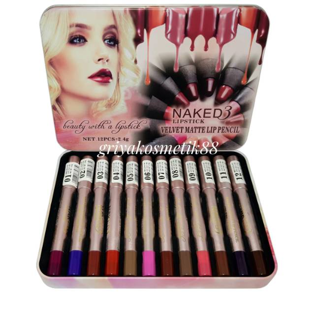 LIPSTIK NAKED3 VELVET MATTE LIP PENCIL ISI 12PS BOX KALENG