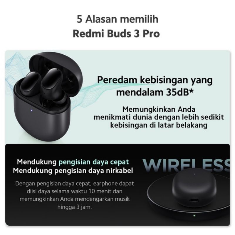 Xiaomi Redmi Buds 3 Pro Active Noise Cancellation + Pengisian daya cepat &amp; Wireless Charging